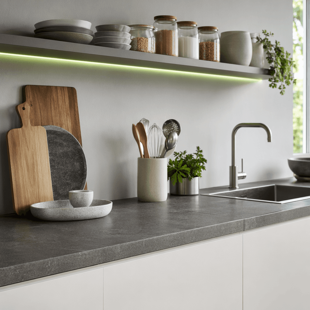Modern kitchen counter with a graphite worktop, opal surfaces and a glowing lime accent line under the shelf